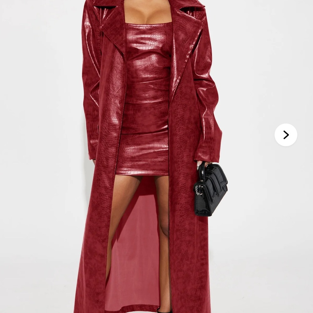 Wine/Red Faux Leather Trench Coat and mini dress set - Picture 2 of 4
